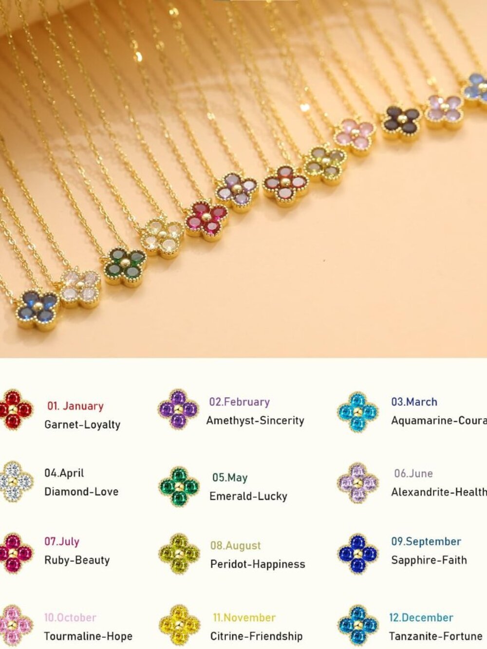 Dainty Birthstone Gold Clover Necklace for Women Trendy Non Tarnish - Picture 3 of 6